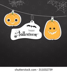 cute pumpkin  label of text happy halloween with bat and web on black scary pumpkin background.