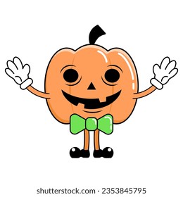 Carácter linterna de calabaza, pegatina y mascota, dibujo vectorial con gesto ondulante, arte feriado de Halloween, impresión y decoración.