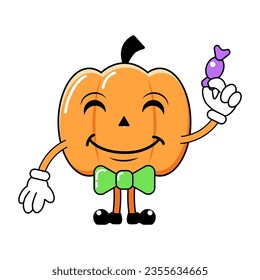 Cute Pumpkin Lantern character, sticker and mascot, vector drawing with candy, Halloween holiday art, print and decoration.