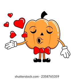 Cute Pumpkin Lantern character, sticker and mascot, vector drawing with hearts, Halloween holiday art, print and decoration.