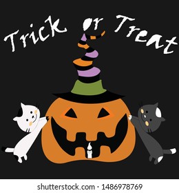 Cute pumpkin lantern wear witch hat and a little white and black cat cartoon,illustration vector doodle comic art.