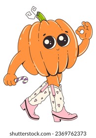 A cute pumpkin with a lollipop in her hand. Groovy retro halloween characters.