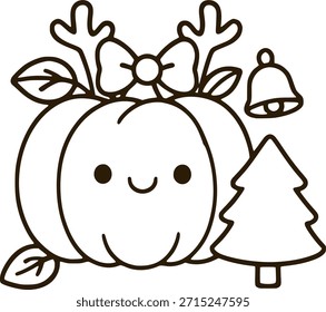 cute pumpkin in marry christmas theme with bow bell and tree Kawaii style illustration bold and easy colouring page