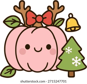 cute pumpkin in marry christmas theme with bow bell and tree Kawaii style illustration bold cartoon clipart 