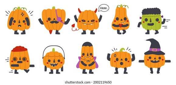 Cute pumpkin mascots. Halloween party funny pumpkins with different faces isolated vector symbols set. Happy halloween pumpkin characters. Illustration mascot pumpkin, halloween cartoon character