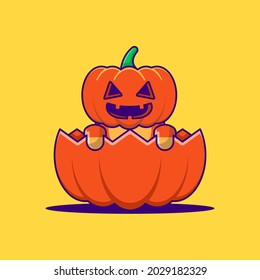 Cute Pumpkin Monster in Pumpkin Cartoon Illustration. Halloween Flat cartoon Style Concept