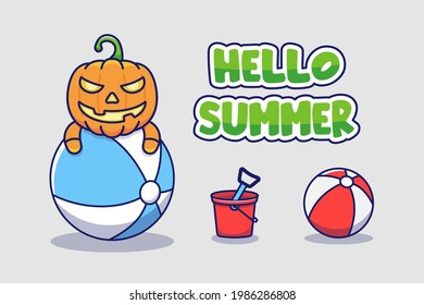 Cute pumpkin monster with hello summer greeting banner