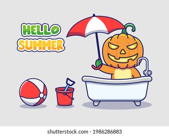Monstruo de calabaza lindo con pancarta de saludo de verano de hola