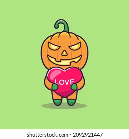 Cute pumpkin monster hugging love balloon