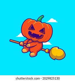 Cute Pumpkin Monster riding magic broom Cartoon Illustration. Halloween Flat cartoon Style Concept