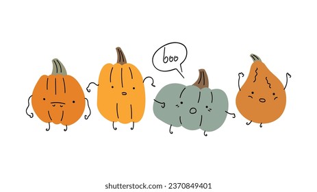 Los monstruos de calabaza se engañan o tratan. Cartel vectorial de caricatura para Halloween.