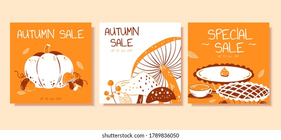 Cute pumpkin, mushroom and pie illustration in hand drawn design, concept of autumn hygge, perfect for sale promotion and web square banner