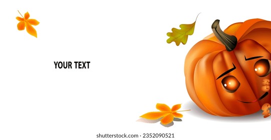 Cute pumpkin on white background with fall leaves, Banner design template with space for text