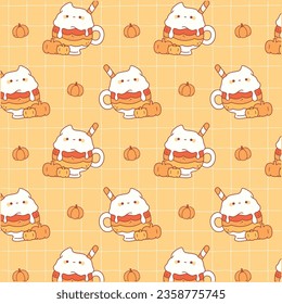 Cute pumpkin orange dessert kawaii seamless pattern