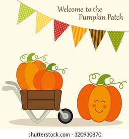 Cute Pumpkin Patch card with bright bunting flags in traditional autumn colors and different pumpkins in wheelbarrow