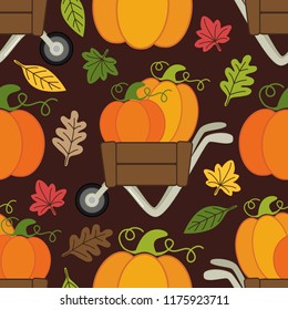 Cute Pumpkin Patch seamless pattern with different pumpkins in wheelbarrow for your decoration