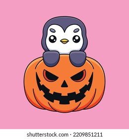 cute pumpkin penguin halloween cartoon mascot doodle art hand drawn concept vector kawaii icon illustration