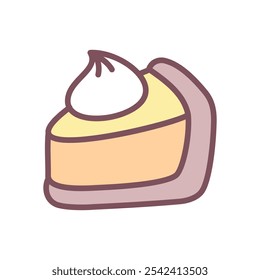 Cute pumpkin pie icon. Hand drawn illustration of a piece of cake with cream isolated on a white background. Kawaii Thanksgiving day sticker. Vector 10 EPS.