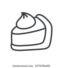 Cute pumpkin pie icon. Hand drawn monochrome illustration of a piece of cake with cream isolated on a white background. Kawaii Thanksgiving day sticker. Vector 10 EPS.