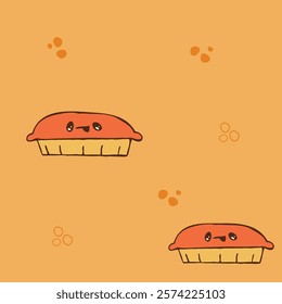 Cute Pumpkin Pie Pattern with Smiling Faces – Kawaii Dessert Illustration. Seamless