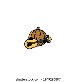 Cute Pumpkin Playing Guitar  Cartoon Character Vector Illustration Design. Outline, Cute, Funny Style. Recomended For Children Book, Cover Book, And Other.