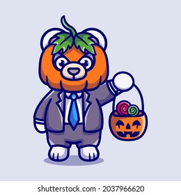 cute pumpkin polar bear brings halloween candy, suitable for helloween t-shirt designs or cute halloween animal key chains