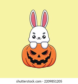 cute pumpkin rabbit halloween cartoon mascot doodle art hand drawn concept vector kawaii icon illustration