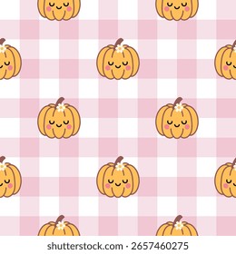 Nettes Kürbis-nahtloses Muster auf rosafarbenem kariertem Gingham-Hintergrund. Perfekt für Prints, Wrapping Paper, Wallpaper, Textiles, Stationery und Fabric