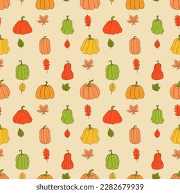 Cute pumpkin seamless pattern. Vector illustration in hand drawn style