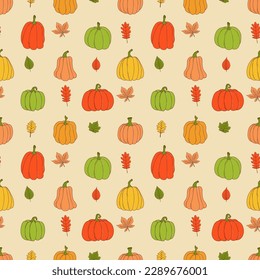 Cute pumpkin seamless pattern. Vector illustration in hand drawn style