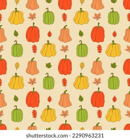 Cute pumpkin seamless pattern. Vector illustration in hand drawn style