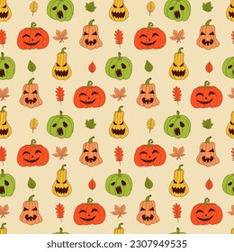 Cute pumpkin seamless pattern. Vector illustration in hand drawn style