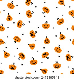 Cute pumpkin seamless pattern. Vector Halloween print with orange smiling spooky pumpkins and stars on white background. Happy Halloween print for fabric texture, textile, wrapping paper, cover