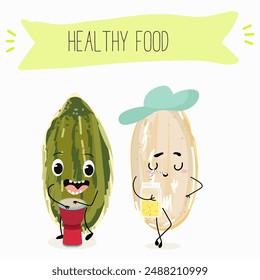 Cute pumpkin seed characters drinking a cocktail and playing the reel. 