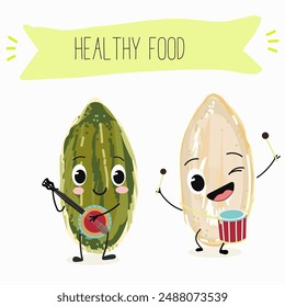 Cute pumpkin seeds, characters, funny vegetables, nuts, with different activities, outdoor, sports, musical instrument. 
