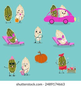 Lindas semillas de calabaza, personajes, nueces divertidas, juego de personajes de verduras divertidas, colección. Ilustración vectorial plana. Actividades, tocar instrumentos musicales, deportes, nueces divertidas.