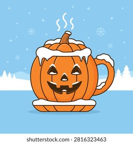 A cute pumpkin shaped mug with a steaming hot drink in a snowy winter setting.