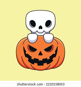 cute pumpkin skull halloween cartoon mascot doodle art hand drawn concept vector kawaii icon illustration