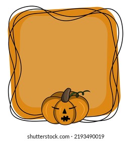 Cute pumpkin is sleeping, bright square Halloween frame, copy space, cartoon-style vector illustration