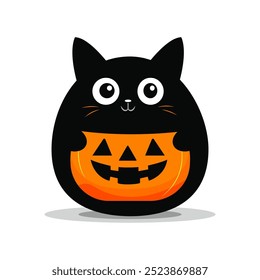 Cute Pumpkin Smile Black Cat Isolated on White Background. Vector illustration. Kawaii Baby Character.