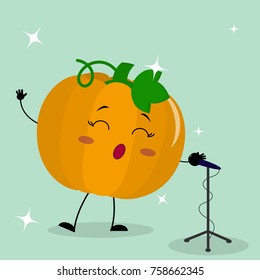 Cute pumpkin smiley in a cartoon style sings into the microphone.