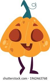 A cute pumpkin is smiling and dancing. baby halloween party. Vector illustration in cartoon children s style. Isolated funny clipart on white background kids