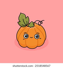 Cute pumpkin with smiling, laughing face in kawaii style. Halloween symbol or decor. Autumn vegetable. Cartoon vector illustration on a pink background