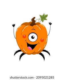 Cute pumpkin spider. Social media sticker. Halloween and badges for childrens. Charming character. Scary insect for autumn holiday. Cartoon flat vector illustration isolated on white background