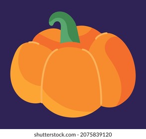 Cute pumpkin sticker. Happy Halloween holiday. Scary, fear, panic. Design for website, postcard, card. Mysticism, autumn, party, evening. Harvest, vegetable. Cartoon flat vector illustration