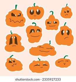 Cute pumpkin stickers character, emotion goodness, sadness, fun. Halloween pumpkins, vector graphics, for kids,