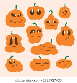 Cute pumpkin stickers character, emotion goodness, sadness, fun. Halloween pumpkins, vector graphics, for kids,