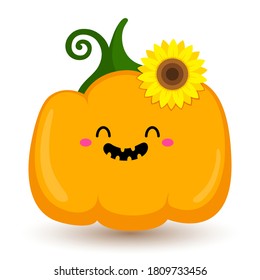 Cute pumpkin with sunflower. For Thanksgiving Day. Kawaii vector illustration. Cartoon style. For stickers, prints, postcards. Autumn symbol. Smiling funny vegetable. Isolated on white background.