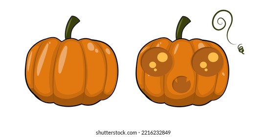 Cute pumpkin with a surprised face and small fangs on a white background. Vector cartoon illustration