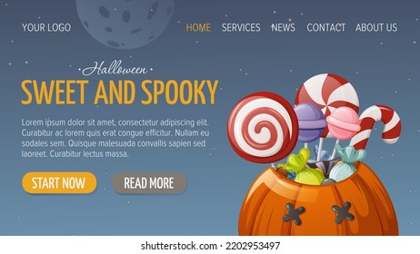 Cute pumpkin with sweets, candies, lollipops. Happy Halloween. Horizontal template for website interface, night star sky background. Vector illustration. For store, sale